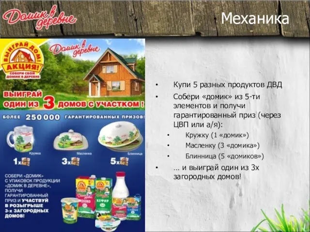 Механика Купи 5 разных продуктов ДВД Собери «домик» из 5-ти элементов и