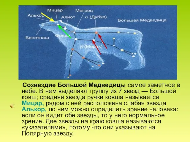 Созвездие Большой Медведицы самое заметное в небе. В нем выделяют группу из