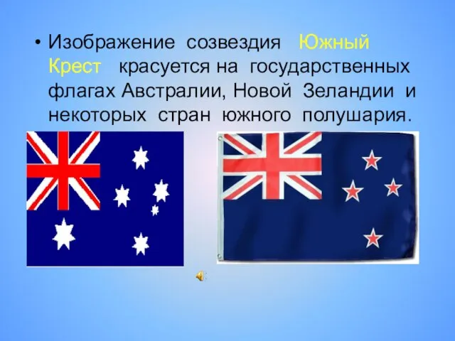 Изображение созвездия Южный Крест красуется на государственных флагах Австралии, Новой Зеландии и некоторых стран южного полушария.
