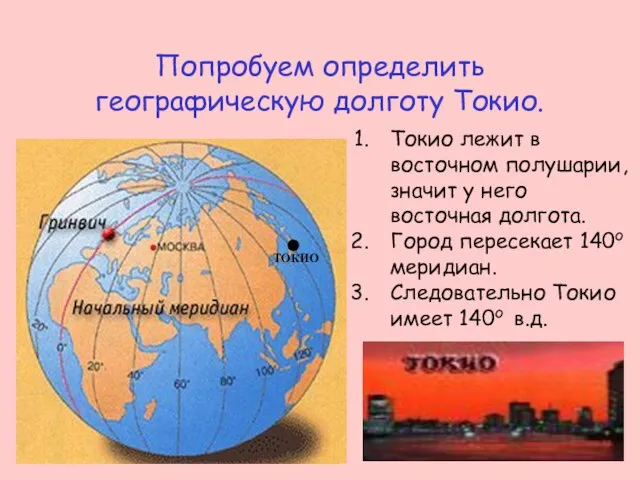 Попробуем определить географическую долготу Токио. ТОКИО Токио лежит в восточном полушарии, значит