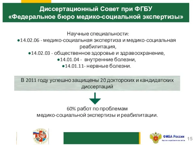 Диссертационный Совет при ФГБУ «Федеральное бюро медико-социальной экспертизы» В 2011 году успешно