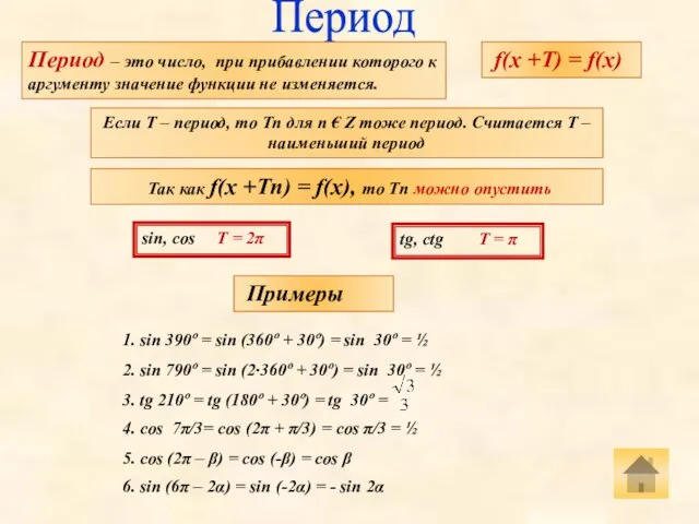 Период Период – это число, при прибавлении которого к аргументу значение функции