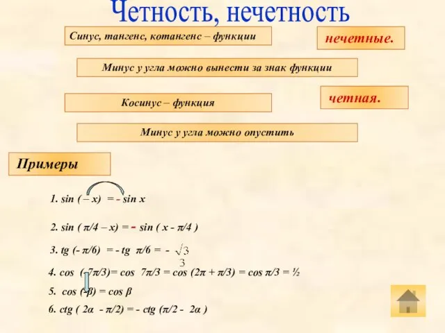 Четность, нечетность Синус, тангенс, котангенс – функции нечетные. Минус у угла можно