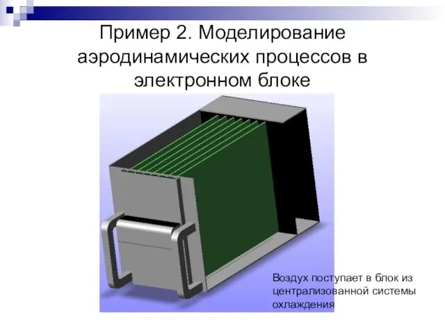 Пример 2. Моделирование аэродинамических процессов в электронном блоке Воздух поступает в блок из централизованной системы охлаждения