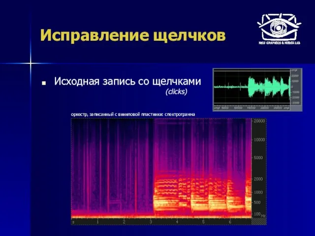 Исправление щелчков Исходная запись со щелчками (clicks) оркестр, записанный с виниловой пластинки: спектрограмма