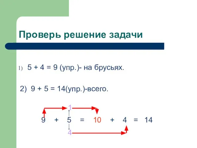 Проверь решение задачи 5 + 4 = 9 (упр.)- на брусьях. 2)