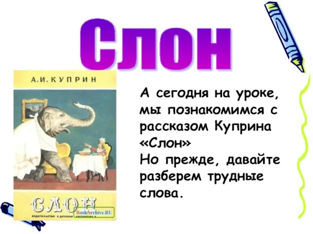 Слон А сегодня на уроке, мы познакомимся с рассказом Куприна «Слон» Но