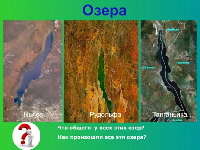 Ньяса Танганьика Рудольфа Озера Что общего у всех этих озер? Как произошли все эти озера?
