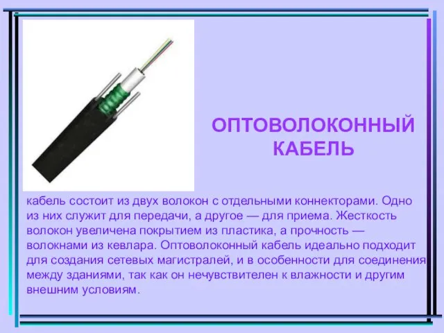 ОПТОВОЛОКОННЫЙ КАБЕЛЬ кабель состоит из двух волокон с отдельными коннекторами. Одно из