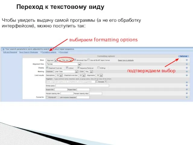 выбираем formatting options подтверждаем выбор Переход к текстовому виду Чтобы увидеть выдачу