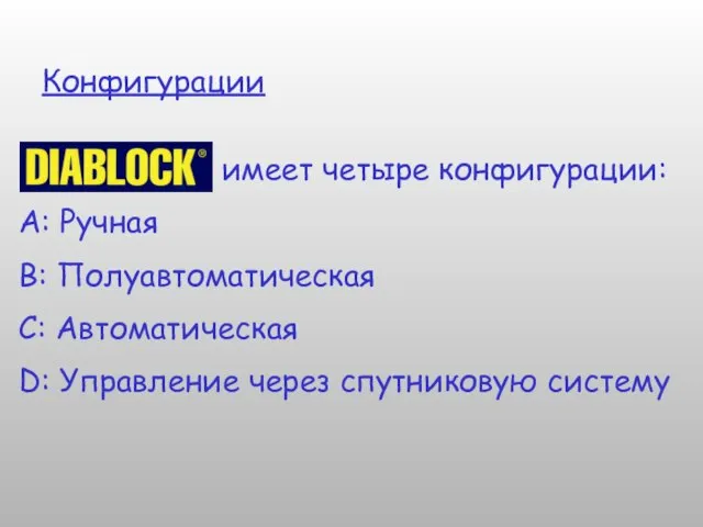 Конфигурации имеет четыре конфигурации: A: Ручная B: Полуавтоматическая C: Автоматическая D: Управление через спутниковую систему