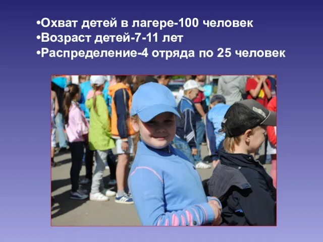 Охват детей в лагере-100 человек Возраст детей-7-11 лет Распределение-4 отряда по 25 человек