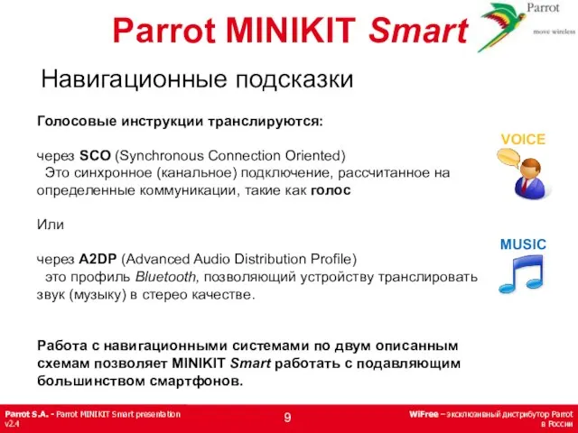 Навигационные подсказки Parrot MINIKIT Smart Голосовые инструкции транслируются: через SCO (Synchronous Connection