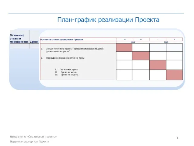 Направление «Социальные Проекты» Первичная экспертиза Проекта План-график реализации Проекта