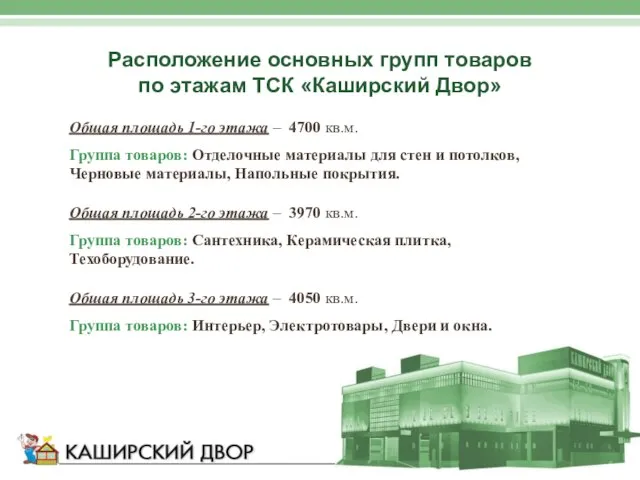 Общая площадь 1-го этажа – 4700 кв.м. Группа товаров: Отделочные материалы для