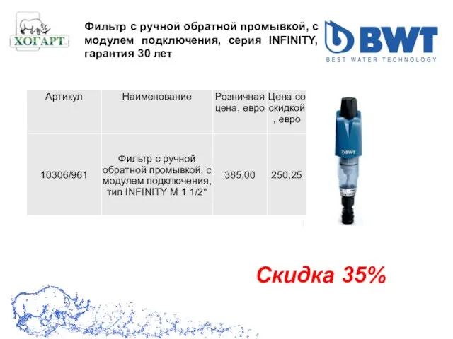 Фильтр с ручной обратной промывкой, с модулем подключения, серия INFINITY, гарантия 30 лет Скидка 35%