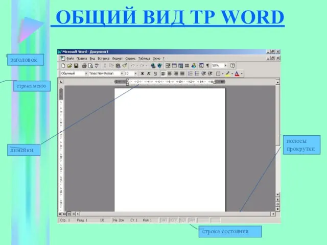 ОБЩИЙ ВИД ТР WORD заголовок строка меню строка состояния линейки полосы прокрутки