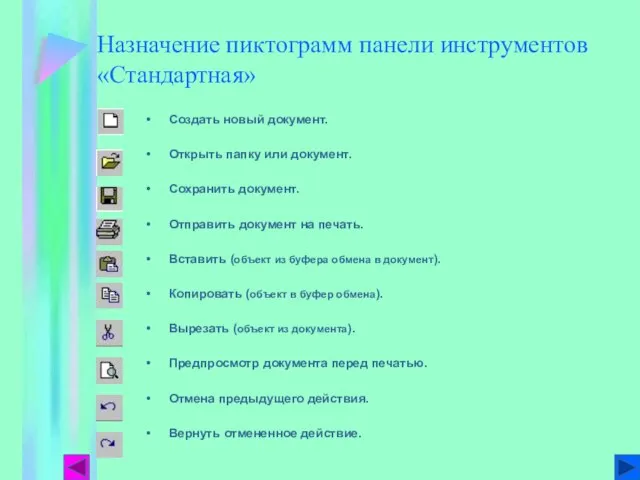 Назначение пиктограмм панели инструментов «Стандартная» Создать новый документ. Открыть папку или документ.