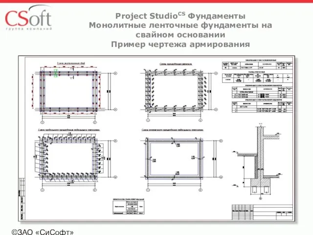 ©ЗАО «СиСофт» Project StudioCS Фундаменты Монолитные ленточные фундаменты на свайном основании Пример чертежа армирования