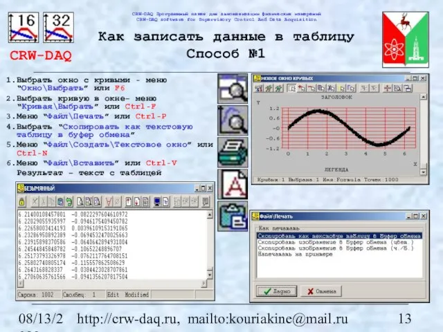 08/13/2023 http://crw-daq.ru, mailto:kouriakine@mail.ru Как записать данные в таблицу Способ №1 Выбрать окно