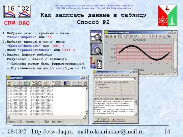 08/13/2023 http://crw-daq.ru, mailto:kouriakine@mail.ru Как записать данные в таблицу Способ №2 Выбрать окно