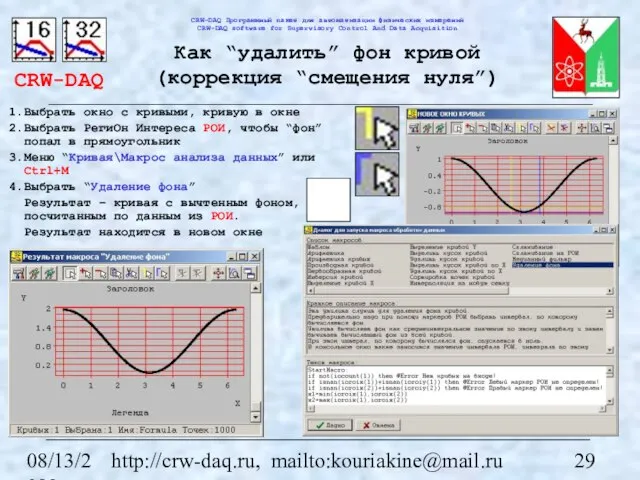 08/13/2023 http://crw-daq.ru, mailto:kouriakine@mail.ru Как “удалить” фон кривой (коррекция “смещения нуля”) Выбрать окно