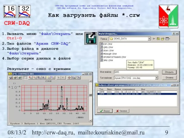 08/13/2023 http://crw-daq.ru, mailto:kouriakine@mail.ru Как загрузить файлы *.crw Вызвать меню “Файл\Открыть” или Ctrl-O