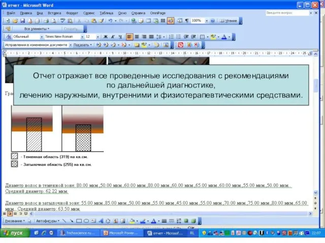 Отчет отражает все проведенные исследования с рекомендациями по дальнейшей диагностике, лечению наружными, внутренними и физиотерапевтическими средствами.