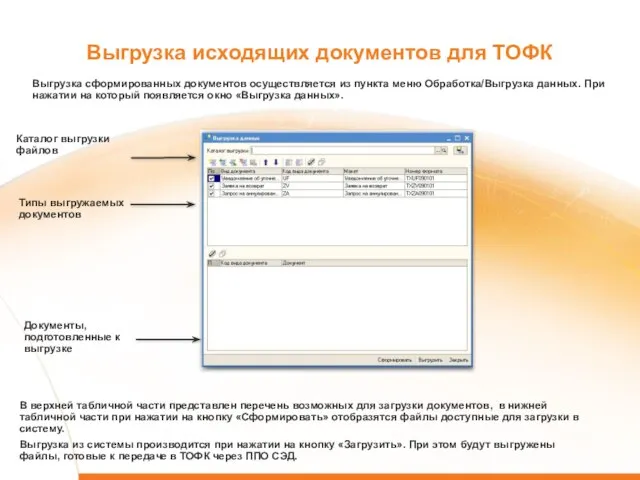 Выгрузка исходящих документов для ТОФК Выгрузка сформированных документов осуществляется из пункта меню