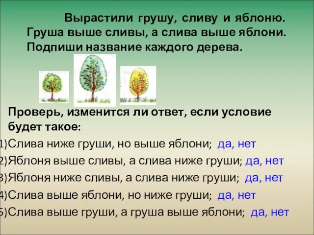 Вырастили грушу, сливу и яблоню. Груша выше сливы, а слива выше яблони.