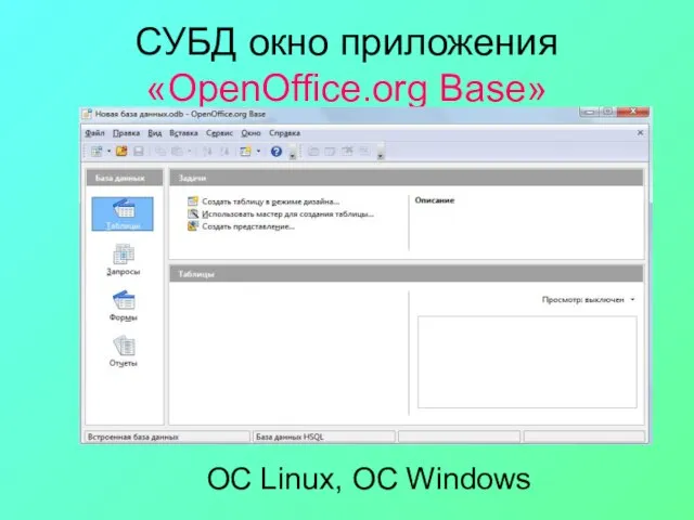 СУБД окно приложения «OpenOffice.org Base» ОС Linux, ОС Windows