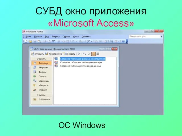 СУБД окно приложения «Microsoft Access» ОС Windows