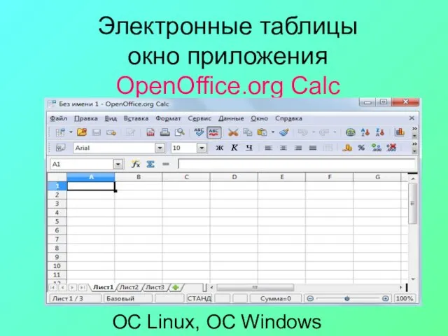 Электронные таблицы окно приложения OpenOffice.org Calc ОС Linux, ОС Windows