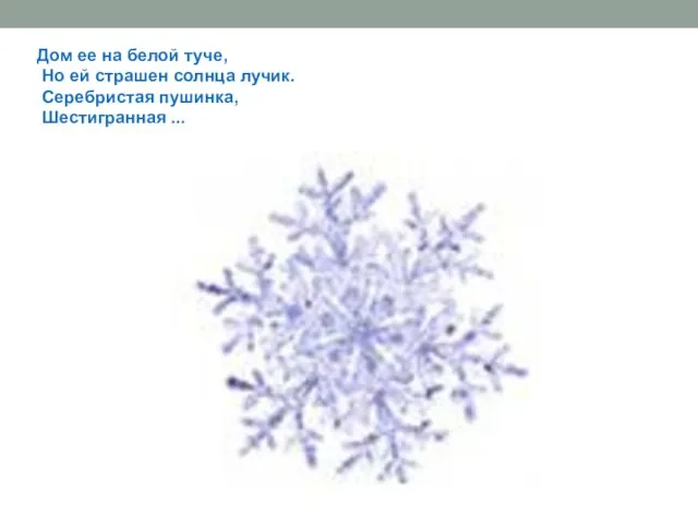 Дом ее на белой туче, Но ей страшен солнца лучик. Серебристая пушинка, Шестигранная ...