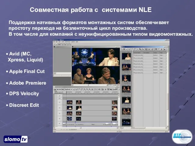 Совместная работа с системами NLE Поддержка нативных форматов монтажных систем обеспечивает простоту