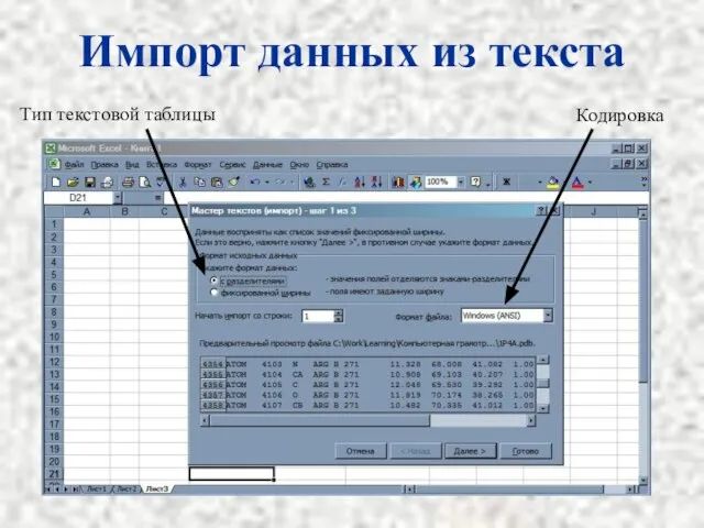 Импорт данных из текста Кодировка Тип текстовой таблицы