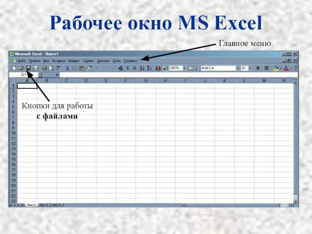 Рабочее окно MS Excel Главное меню Кнопки для работы c файлами