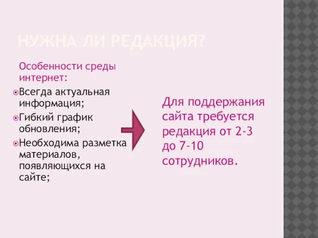 НУЖНА ЛИ РЕДАКЦИЯ? Особенности среды интернет: Всегда актуальная информация; Гибкий график обновления;