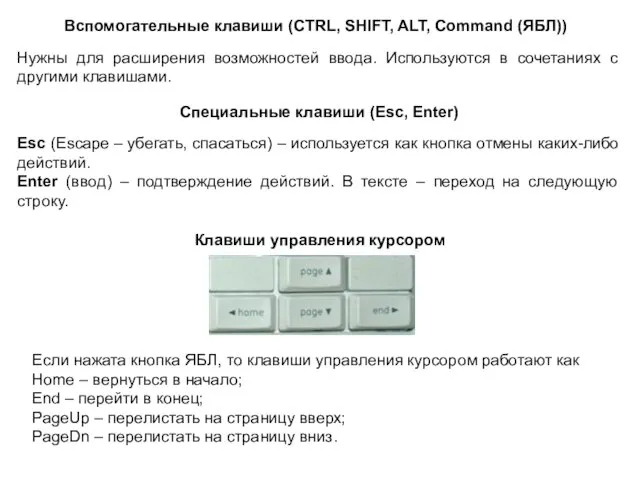 Вспомогательные клавиши (CTRL, SHIFT, ALT, Command (ЯБЛ)) Нужны для расширения возможностей ввода.