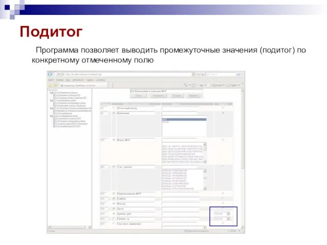 Подитог Программа позволяет выводить промежуточные значения (подитог) по конкретному отмеченному полю