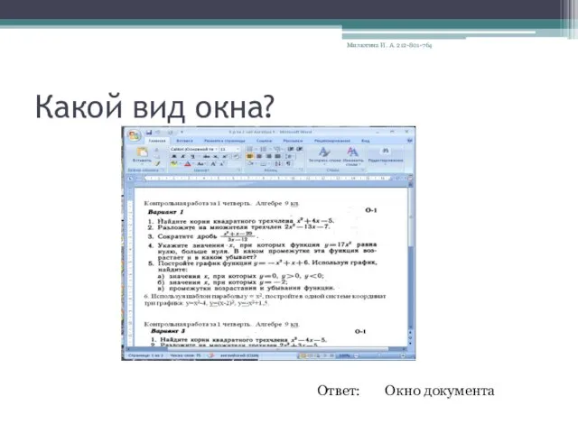 Какой вид окна? Ответ: Окно документа Милютина И. А. 212-801-764