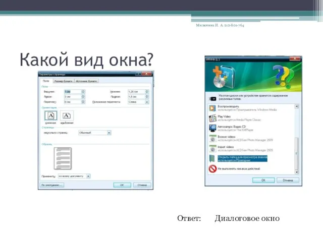 Какой вид окна? Ответ: Диалоговое окно Милютина И. А. 212-801-764