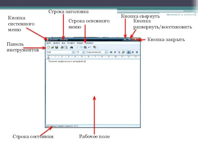 Кнопка системного меню Строка заголовка Строка основного меню Панель инструментов Кнопка свернуть