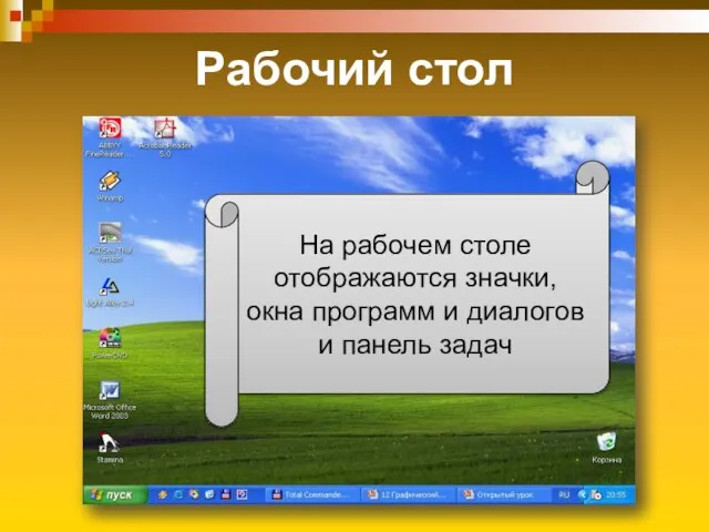 Рабочий стол На рабочем столе отображаются значки, окна программ и диалогов и панель задач