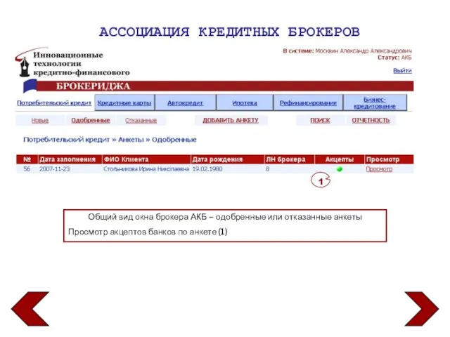 АССОЦИАЦИЯ КРЕДИТНЫХ БРОКЕРОВ Общий вид окна брокера АКБ – одобренные или отказанные