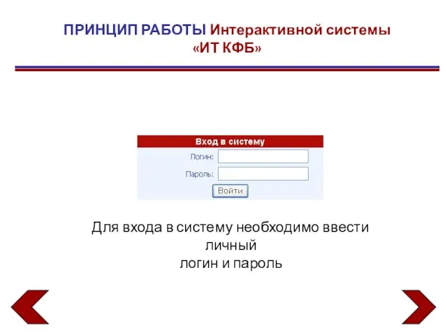 ПРИНЦИП РАБОТЫ Интерактивной системы «ИТ КФБ» Для входа в систему необходимо ввести личный логин и пароль