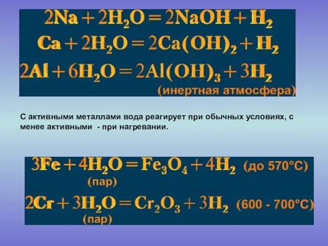 С активными металлами вода реагирует при обычных условиях, с менее активными - при нагревании.