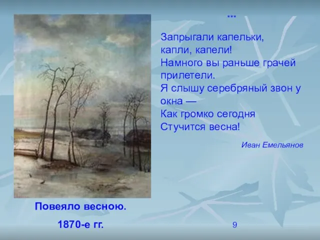 Повеяло весною. 1870-е гг. *** Запрыгали капельки, капли, капели! Намного вы раньше