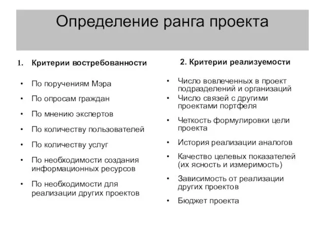 Определение ранга проекта Критерии востребованности По поручениям Мэра По опросам граждан По