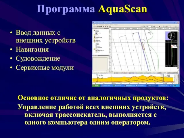 Программа AquaScan Ввод данных с внешних устройств Навигация Судовождение Сервисные модули Основное